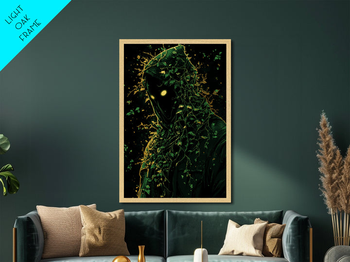 Haunted Hooded Figure Metallic Gold Art, Creepy Vine Cloaked Spirit Metal Art, Gothic Halloween Wall Decor Framed in Real Wood