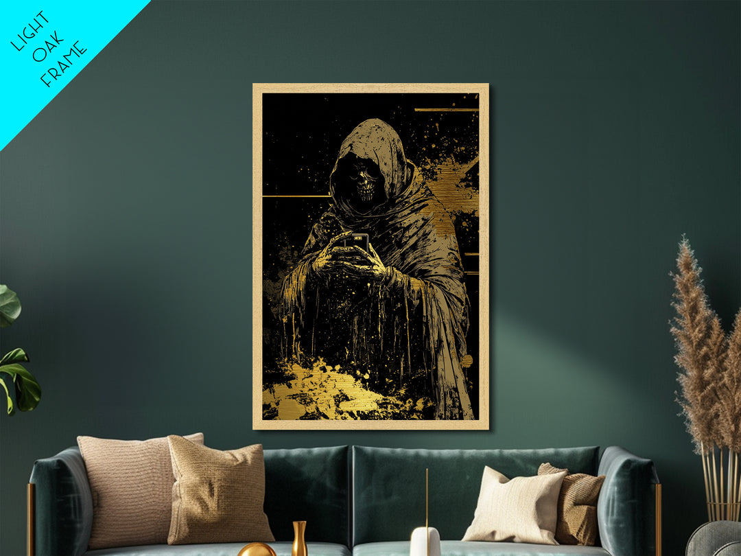 Gothic Skeleton Reaper Metallic Gold Art, Creepy Hooded Death Metal Art, Haunted Halloween Horror Decor with Real Wood Framing