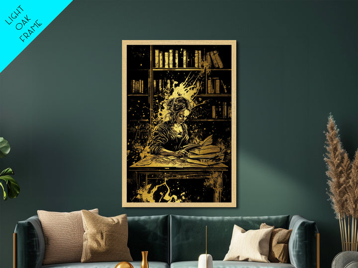 Witchy Woman in Library Metallic Gold Art, Gothic Scholar Halloween Metal Art, Spooky Season Wall Print with Natural Wood Frame