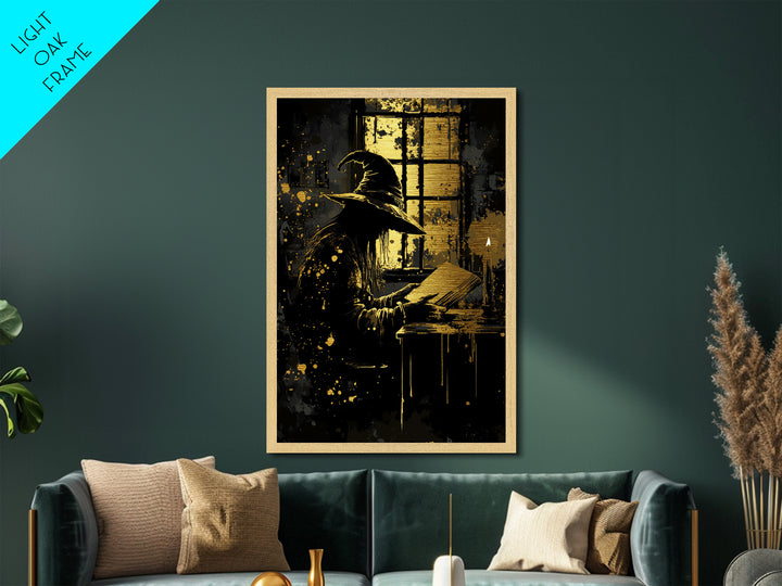 Creepy Witch Reading Candlelight Metallic Gold Art, Haunted Gothic Wizard Metal Art, Halloween Decor Framed in Authentic Wood