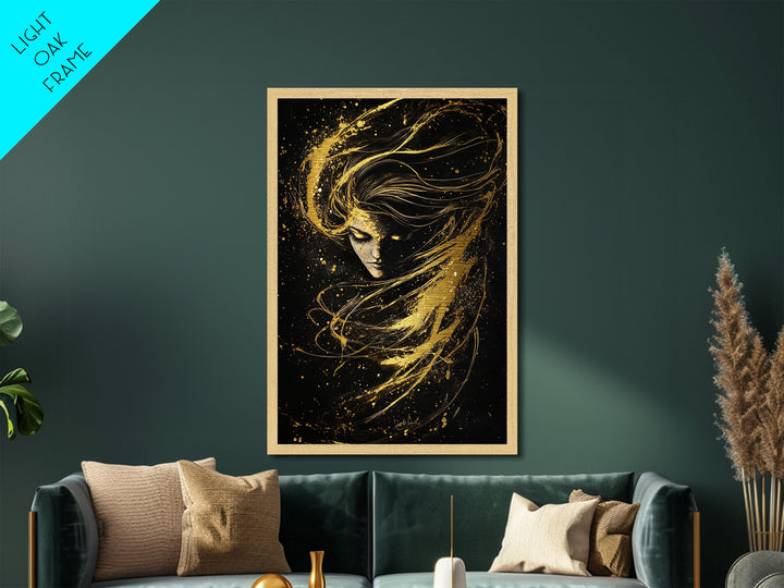 Mystical Female Spirit Metallic Gold Art, Enchanted Ethereal Horror Metal Art, Gothic Halloween Wall Print with Real Wood Frame