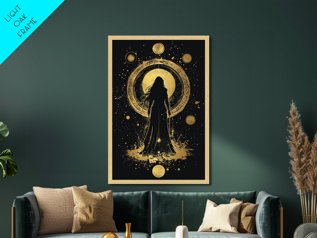 Cosmic Goddess Metallic Gold Art, Spooky Celestial Halloween Metal Art, Gothic Witchy Season Decor Framed in Natural Wood