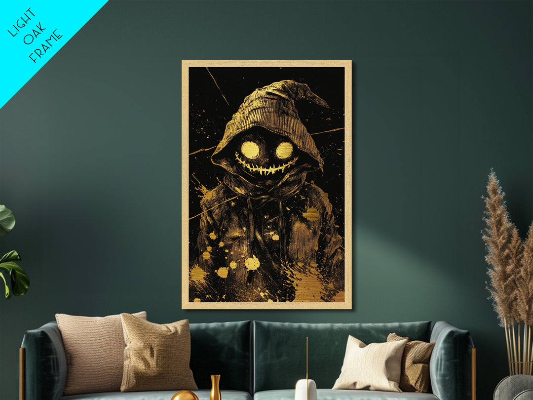 Creepy Smiling Hooded Monster Metallic Gold Art, Horror Grinning Demon Metal Art, Gothic Halloween Wall Hanging with Wood Frame