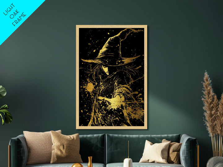 Witch Casting Spell Metallic Gold Art Metal Art Halloween Wall Decor Spooky Sorceress Gothic Magic Artwork in Real Wood Frame