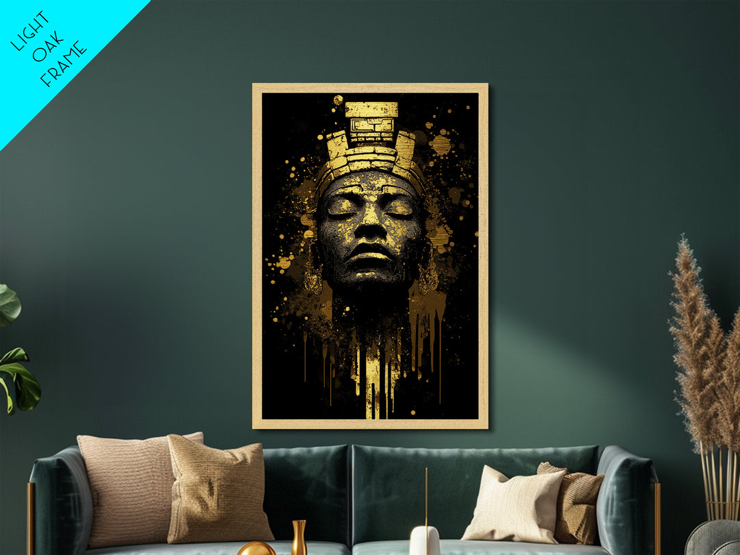 Ancient Gothic Idol Metallic Gold Art, Haunted Masked Statue Metal Art, Spooky Season Horror Wall Decor with Framed Real Wood