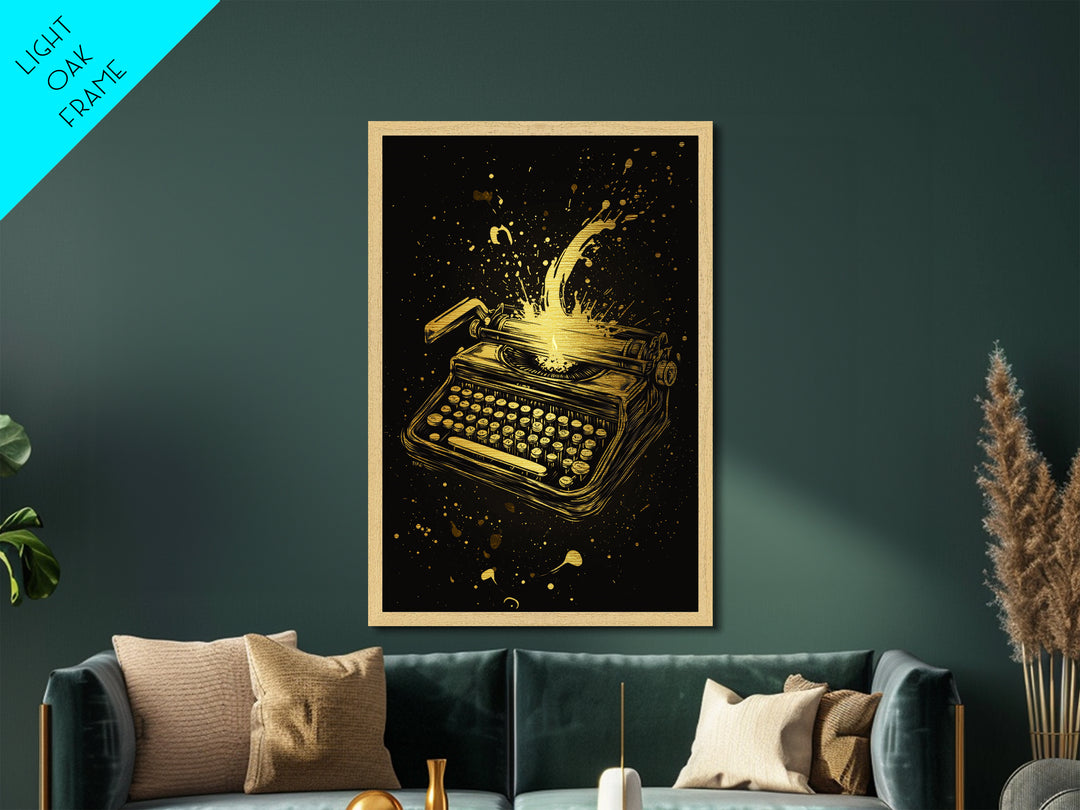 Haunted Typewriter Metallic Gold Art, Spooky Season Metal Art Print with Splatter Design, Framed in Natural Real Wood