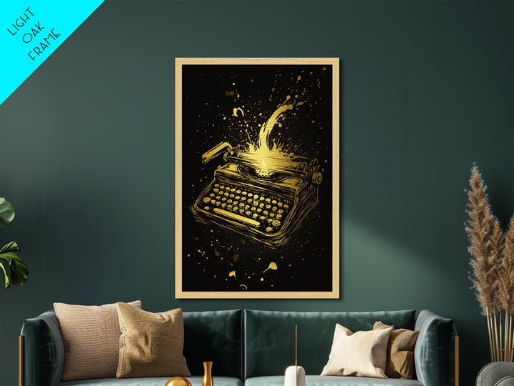 Haunted Typewriter Metallic Gold Art, Spooky Season Metal Art Print with Splatter Design, Framed in Natural Real Wood