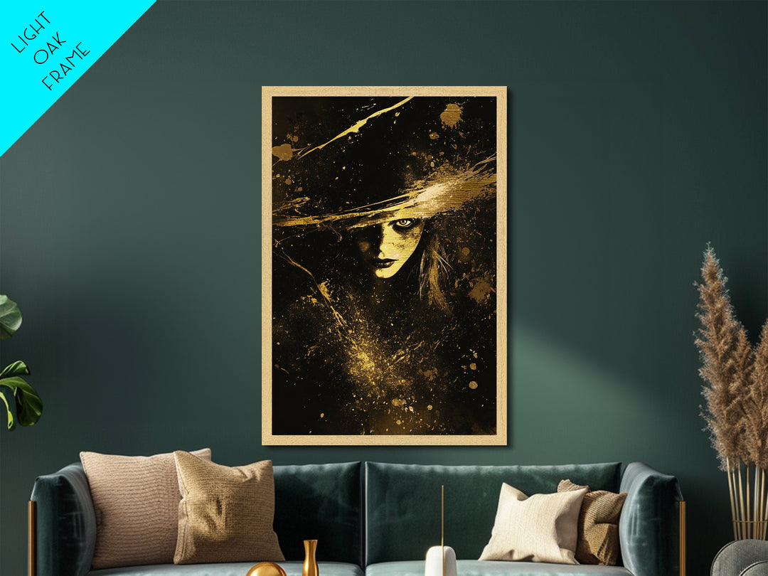 Witchy Haunted Portrait Metallic Gold Art, Gothic Horror Metal Art Print with Real Wood Framing, Spooky Season Wall Decor