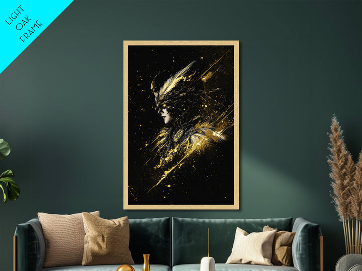 Gothic Valkyrie Warrior Metal Art, Metallic Gold Art with Fantasy Spooky Style, Halloween Print Framed in Real Wood