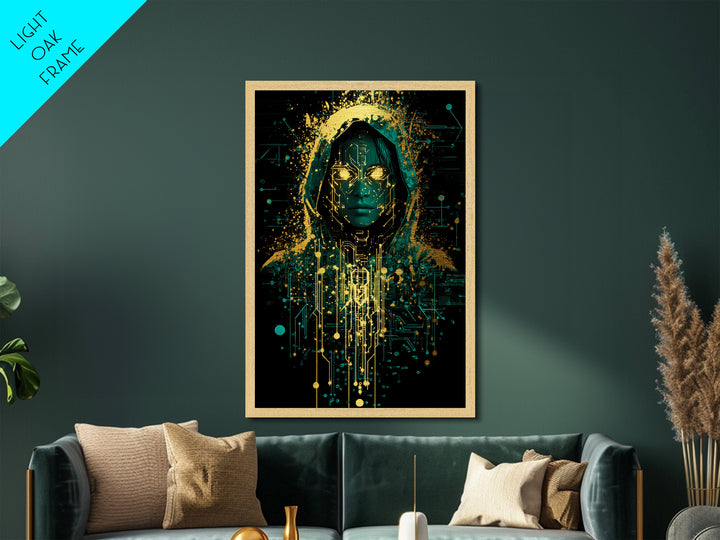 Cyberpunk Hooded Spirit Metallic Gold Art, Futuristic Horror Metal Art Print with Real Wood Frame for Spooky Season Decor