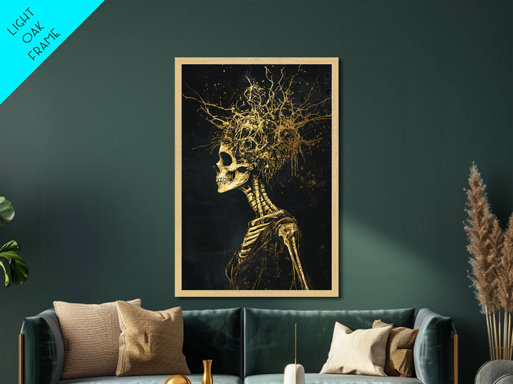 Creepy Skeleton Skull Burst Metallic Gold Art, Gothic Halloween Horror Metal Art Print with Natural Wood Framing