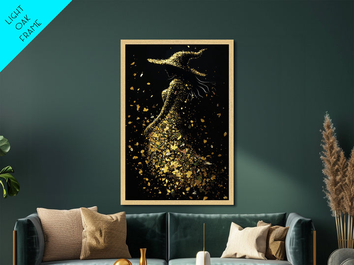 Witchy Woman of Autumn Metallic Gold Art, Enchanted Spooky Season Metal Art Print in Real Wood Frame, Gothic Halloween Decor