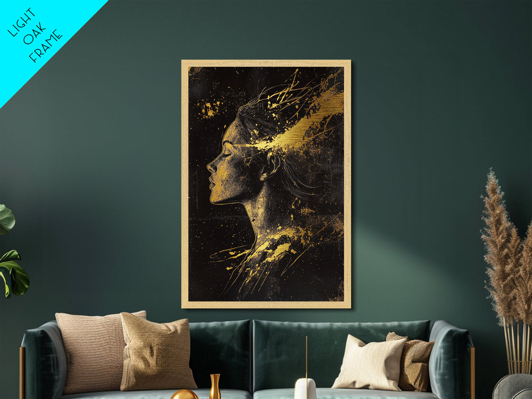 Haunted Spirit Silhouette Metal Art, Metallic Gold Art Profile Portrait with Spooky Splatter Style, Real Wood Frame Decor