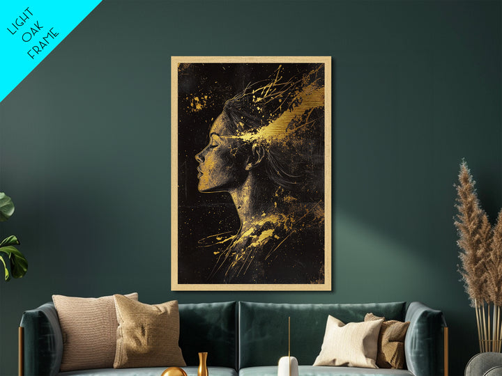 Haunted Spirit Silhouette Metal Art, Metallic Gold Art Profile Portrait with Spooky Splatter Style, Real Wood Frame Decor