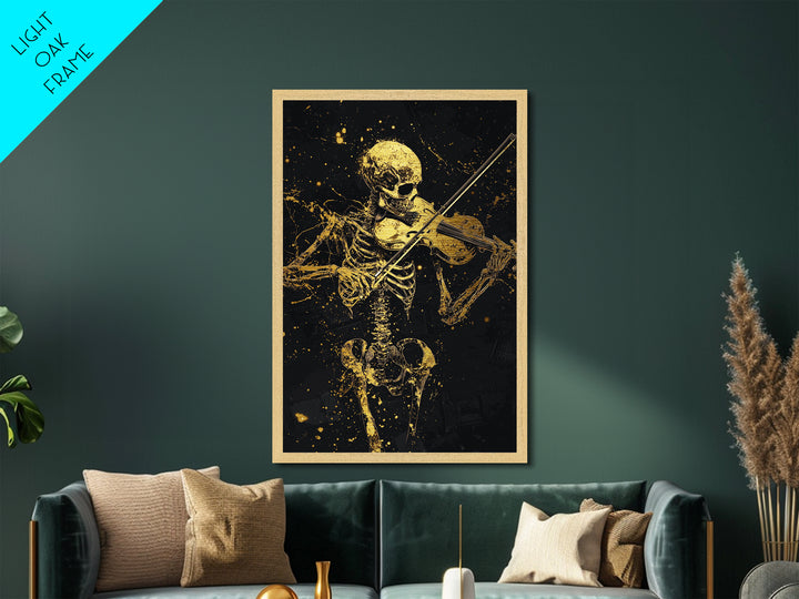 Skeleton Violinist Metallic Gold Art, Spooky Halloween Music-Inspired Metal Art Print Framed in Natural Real Wood