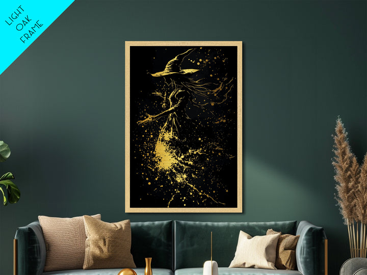 Ghost Tree with Golden Lights Metallic Gold Art | Creepy Haunted Forest Metal Art in a Real Wood Frame for Gothic Halloween Style