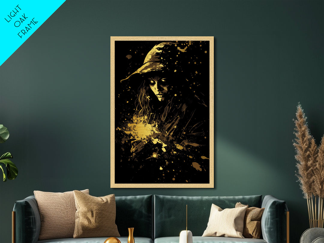 Golden Witch Under Starlight Metallic Gold Art | Haunted Night Metal Art in Real Wood Frame for Spooky Season Halloween Wall Art