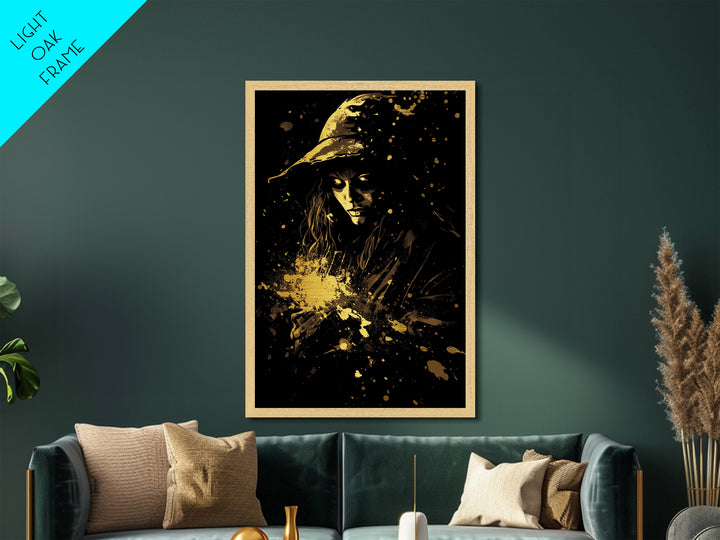 Golden Witch Under Starlight Metallic Gold Art | Haunted Night Metal Art in Real Wood Frame for Spooky Season Halloween Wall Art
