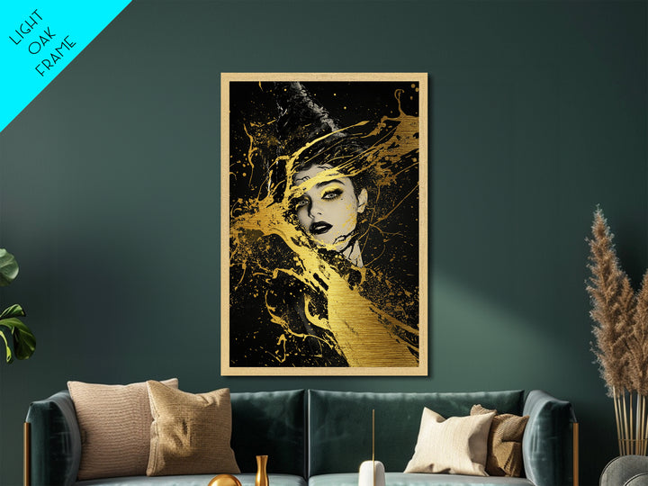 Mystical Face in Gold Splatter Metallic Gold Art | Haunted Gothic Metal Art with Real Wood Frame for Spooky Season Halloween Wall Decor