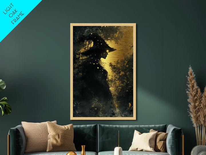 Witchy Halloween Metallic Gold Art Metal Art – Gothic Witch Silhouette in Natural Wood Frame, Spooky Season Wall Decor