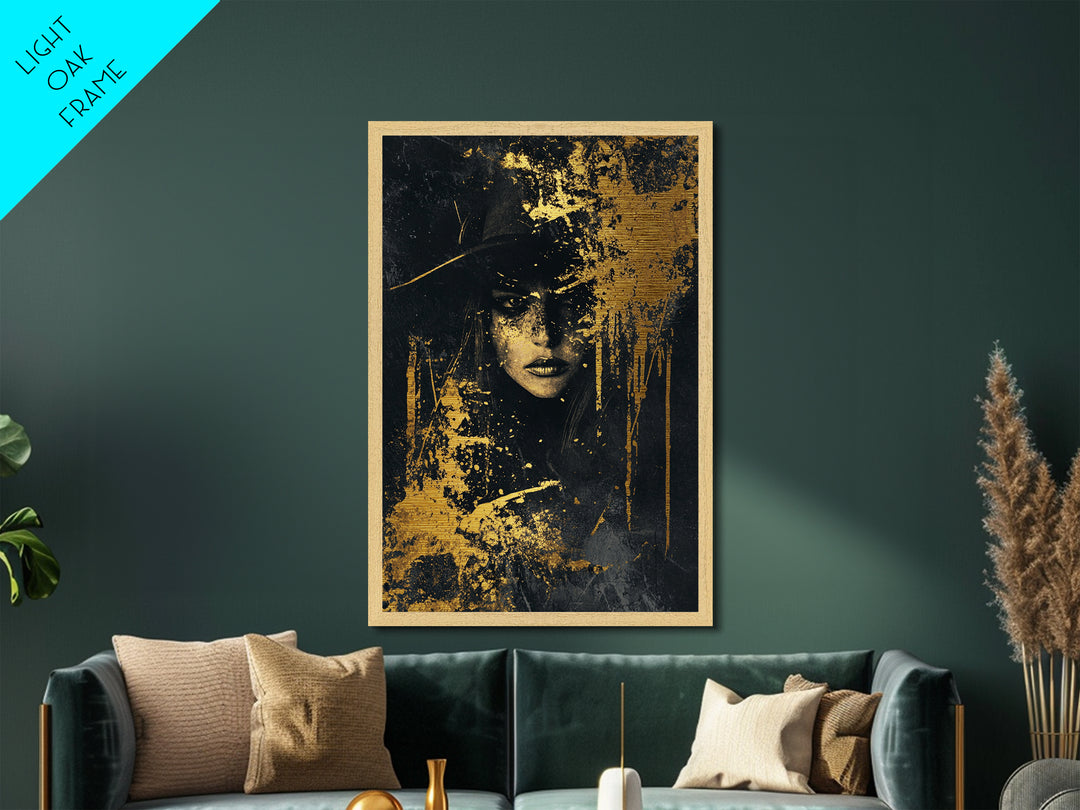 Haunted Sorceress Portrait Metallic Gold Art Metal Art – Spooky Gothic Halloween Wall Hanging in Real Wood Frame