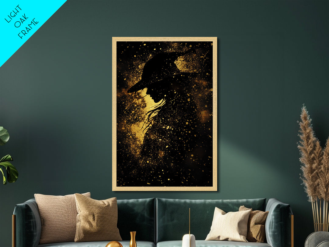 Creepy Witch Silhouette Metallic Gold Art Metal Art – Spooky Season Decor Framed in Rustic Real Wood, Halloween Wall Art