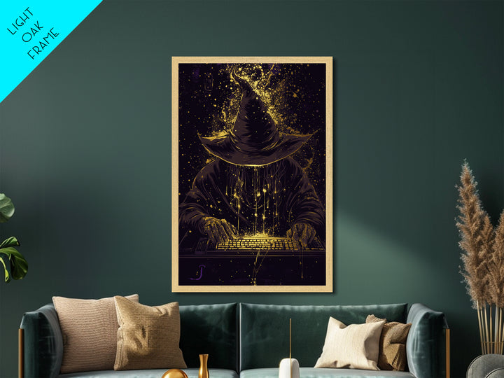 Dark Wizard Hacker Metallic Gold Art Metal Art – Spooky Tech Witch Wall Print with Real Wood Frame, Haunted Season Decor