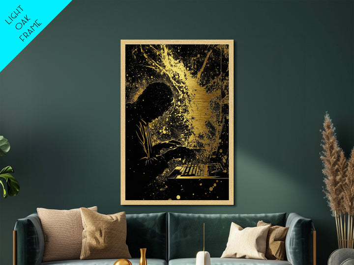 Cyber Spooky Hacker Metallic Gold Art Metal Art – Creepy Halloween Digital Sorcery Print in Real Wood Frame, Gothic Wall Art
