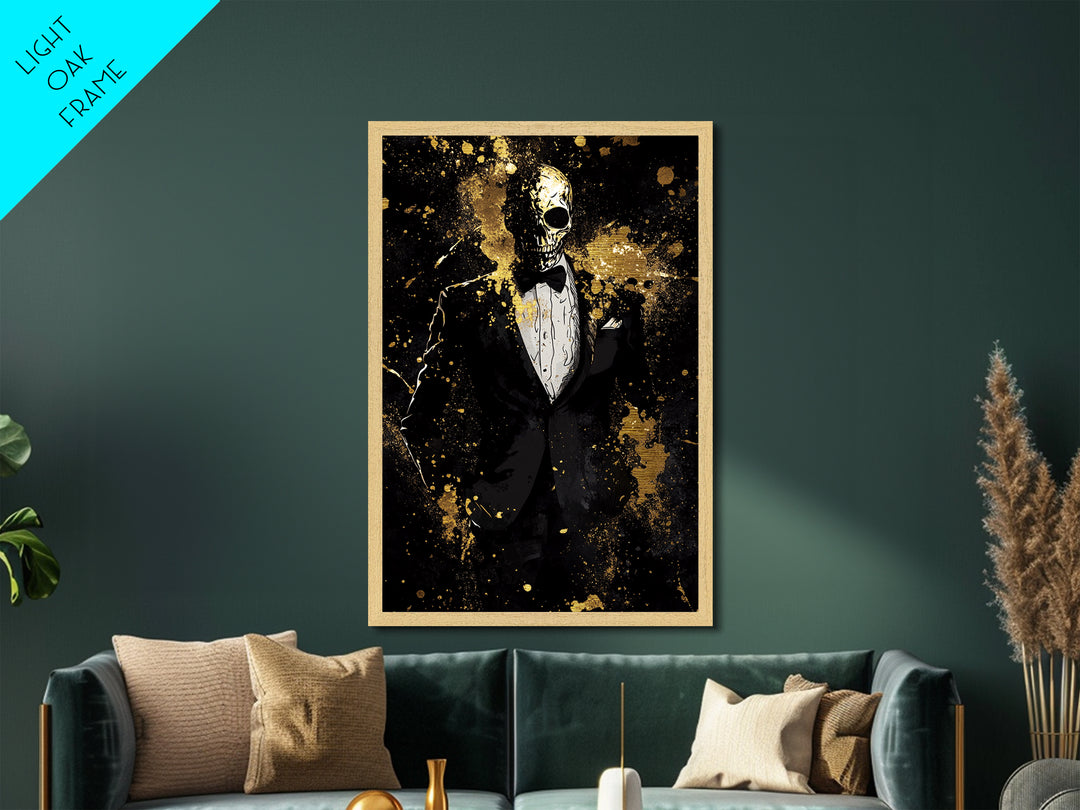 Skeleton Mask Gentleman Metallic Gold Art Metal Art – Creepy Halloween Wall Art in Natural Wood Frame, Haunted Gothic Home Decor
