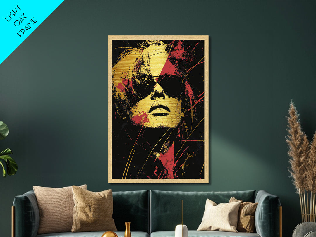 Spooky Glam Rocker Metallic Gold Art Metal Art – Gothic Punk Halloween Wall Print with Real Wood Frame, Creepy Haunted Decor