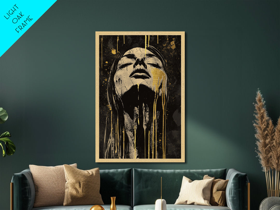 Haunting Metallic Gold Art Creepy Face | Horror Inspired Metal Art | Spooky Gothic Wall Print with Real Wood Frame