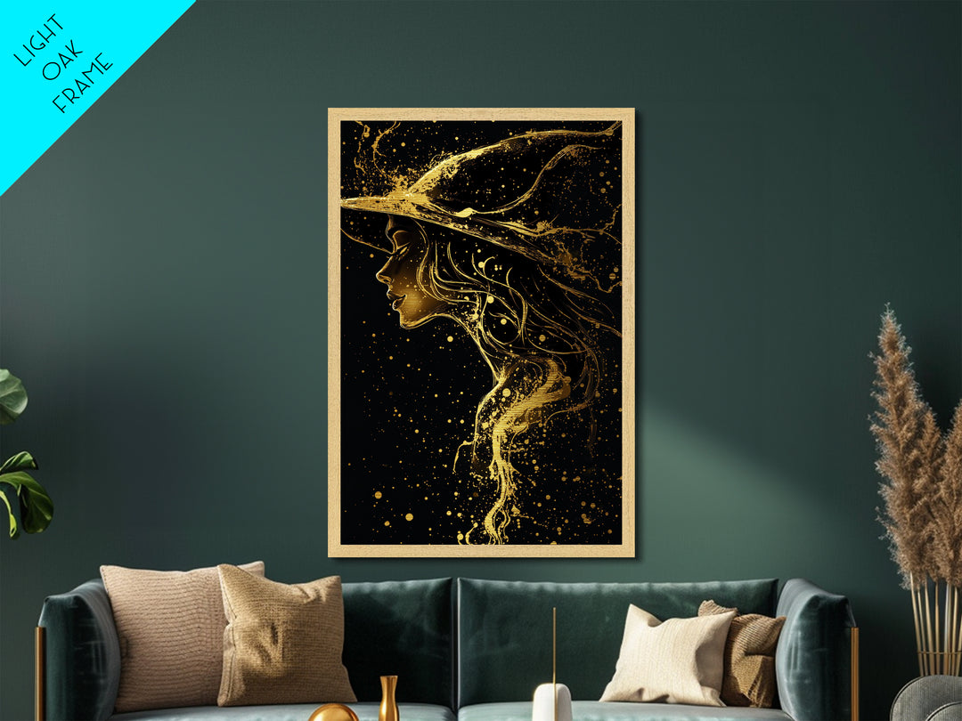 Halloween Metallic Gold Art Witch Silhouette | Spooky Metal Art | Haunted Gothic Wall Decor in Authentic Wood Frame