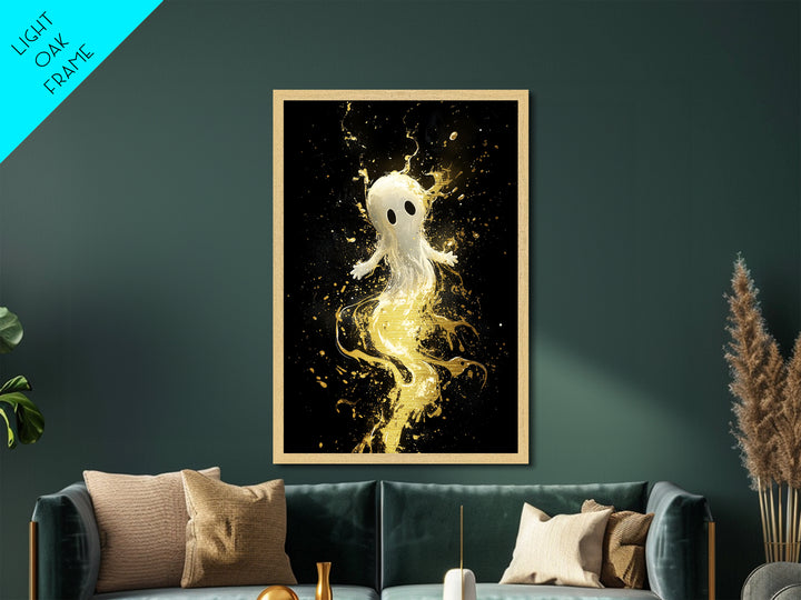 Cute Ghost Floating in Gold Splatter – Metallic Gold Art, Halloween Metal Art Print with Real Wood Frame, Whimsical Spooky Decor