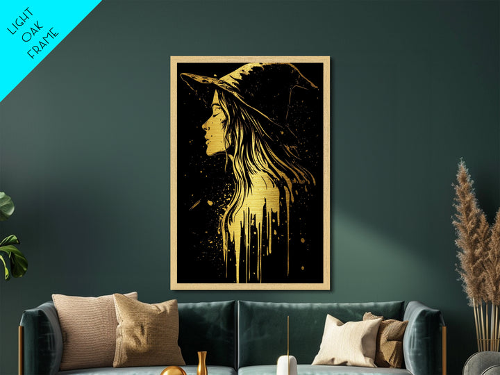 Halloween Metallic Gold Art | Witch Silhouette Metal Art | Spooky Haunted Gothic Wall Print in Handcrafted Real Wood Frame