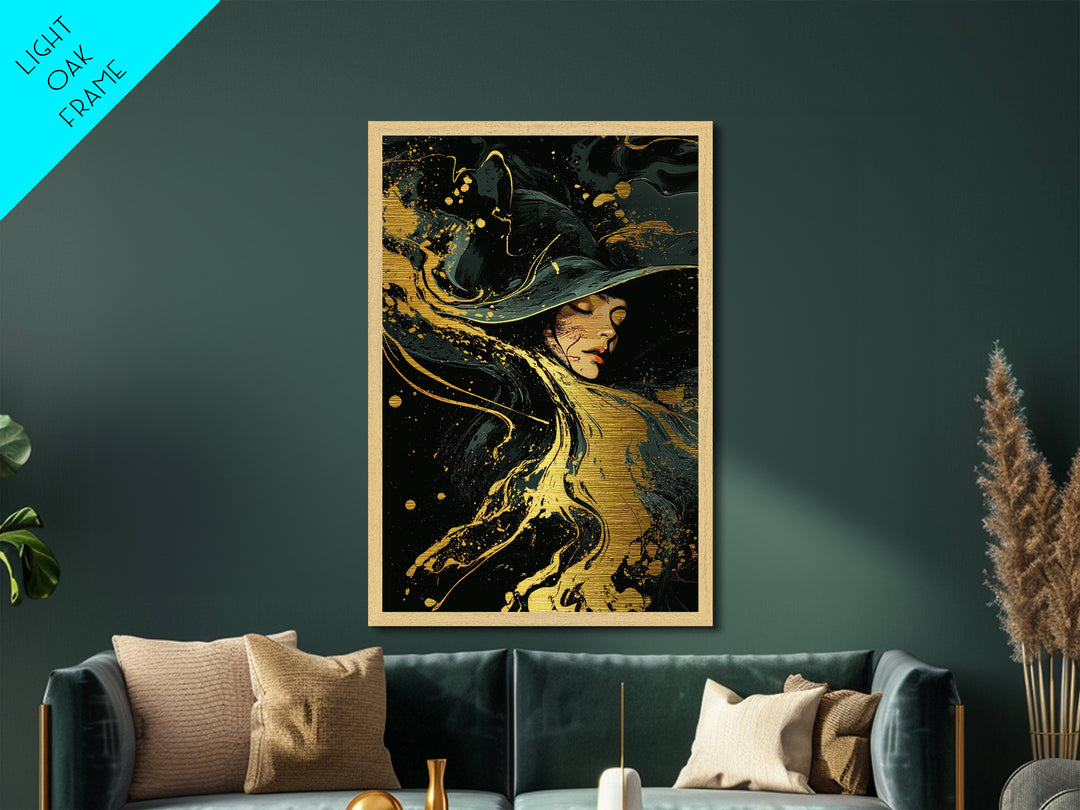 Flowing Witch Metallic Gold Art Wall Hanging, Gothic Spooky Season Metal Art, Halloween Witch Portrait in Wood Frame