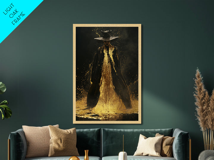Mystic Witch Metallic Gold Art Wall Print, Gothic Spooky Metal Art, Halloween Enchanted Portrait with Solid Wood Frame