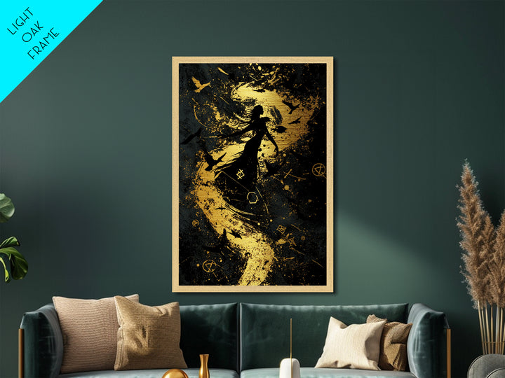 Occult Witch Metallic Gold Art Print, Spooky Season Metal Art, Gothic Halloween Wall Hanging Framed in Real Wood