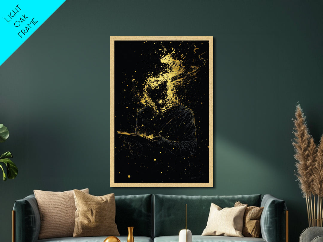 Gothic Witch Metallic Gold Art, Occult Halloween Metal Art Wall Hanging, Spooky Season Print in Real Wooden Frame