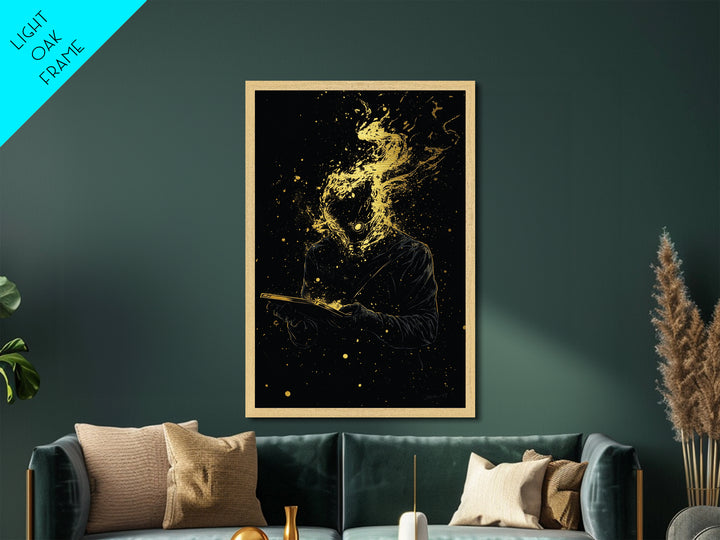 Gothic Witch Metallic Gold Art, Occult Halloween Metal Art Wall Hanging, Spooky Season Print in Real Wooden Frame
