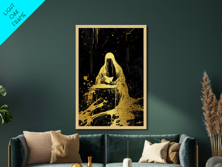 Grim Reaper Reading Gothic Metallic Gold Art Metal Art Creepy Haunted Wall Print with Real Wood Frame for Spooky Season