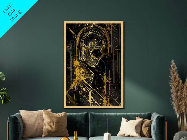 Gothic Cathedral Sorcerer Metallic Gold Art Metal Art Haunted Architecture Halloween Wall Decor with Real Wood Frame