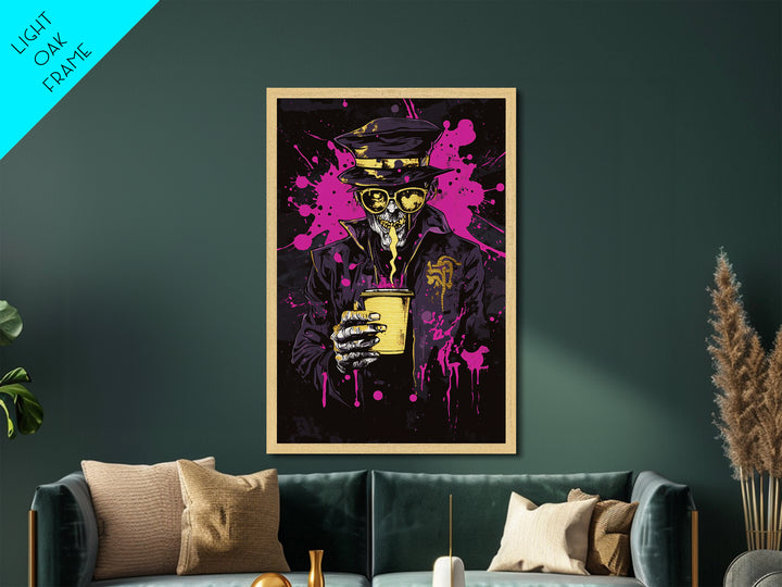 Skeleton Bartender Metallic Gold Art Metal Art Gothic Skull Drinking Print Halloween Spooky Decor with Natural Wood Frame