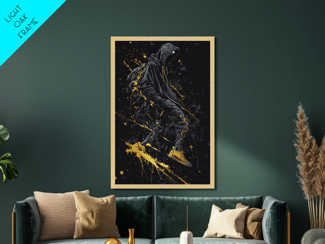 Metallic Gold Art Cyberpunk Hoodie Halloween Wall Decor | Spooky Streetwear Metal Art with Real Wood Frame | Dark Urban Gothic