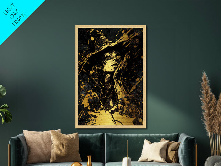 Witch in Shadows Metallic Gold Art | Gothic Halloween Metal Art | Enchanted Sorceress Design Mounted in Real Wood Frame