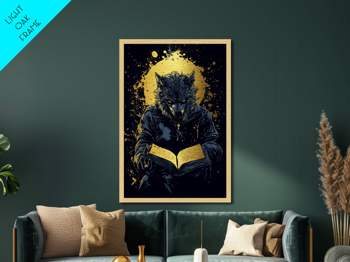 Werewolf Spellbook Metallic Gold Art | Gothic Horror Halloween Metal Art | Full Moon Creature Framed with Real Wood Finish