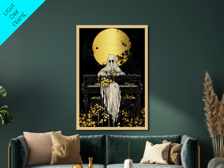 Ghost at Piano Metallic Gold Art | Creepy Gothic Halloween Metal Art | Haunted Spirit Music Scene Framed in Natural Wood