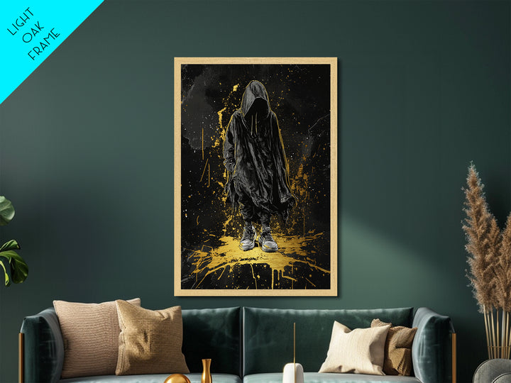 Metallic Gold Art Hooded Phantom Halloween Wall Art | Creepy Spooky Season Metal Art with Real Wood Frame | Haunted Horror Decor