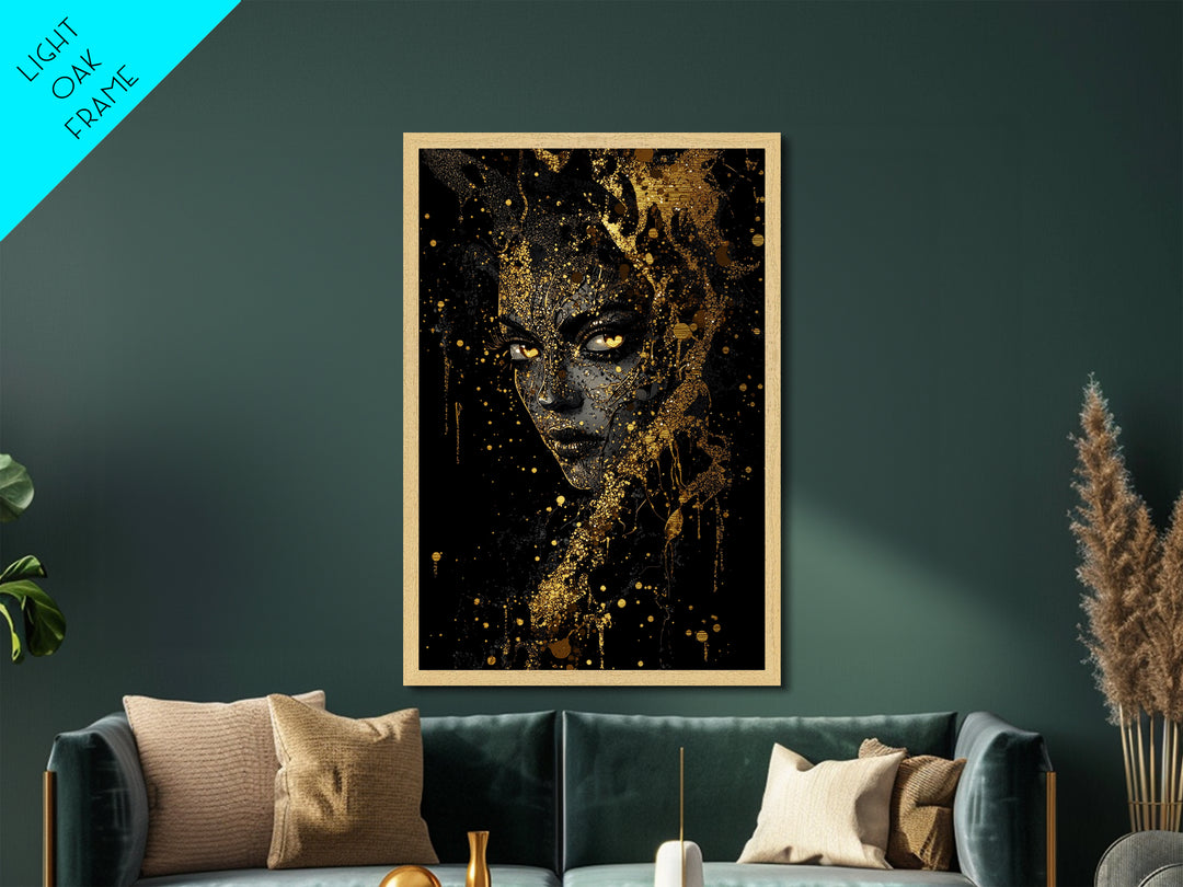 Haunted Gothic Witch Portrait Metallic Gold Art Metal Art Framed in Natural Wood Spooky Season Halloween Wall Decor