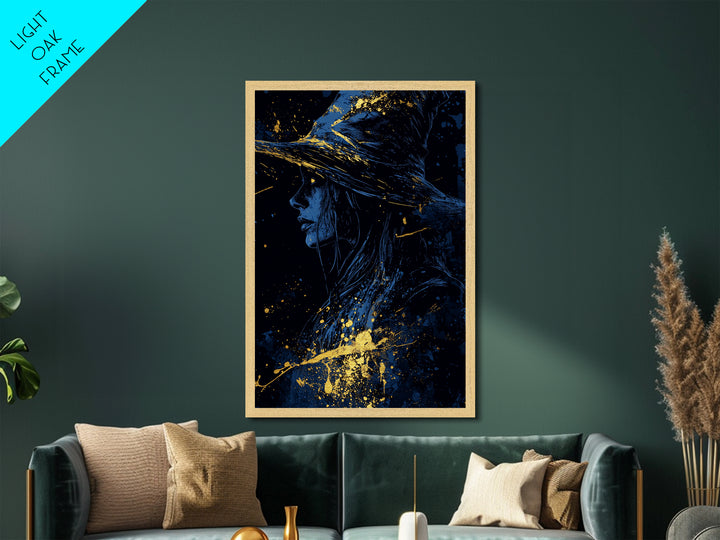 Witchy Woman Halloween Artwork Metallic Gold Art Metal Art in Real Wood Frame Creepy Spooky Gothic Horror Wall Hanging