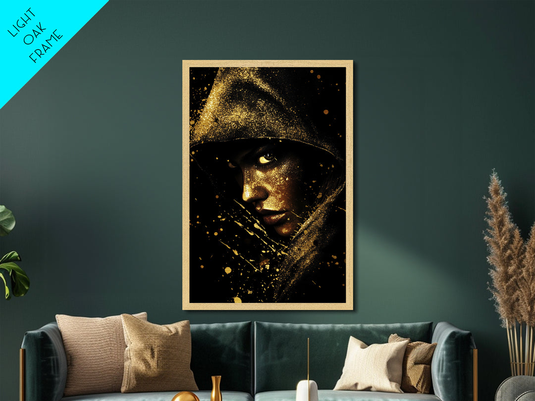 Creepy Gothic Hooded Witch Portrait Metallic Gold Art Metal Art Halloween Horror Artwork with Real Wood Framing